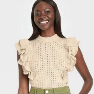 Who What Wear Dramatic Ruffle Sleeve Sweater Vest Cream Sz M